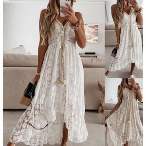 Women Lace Maxi Dress Summer Holiday Boho V Neck Strappy Sundress XS NWT